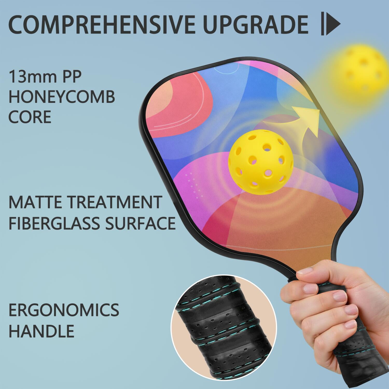 Pickleball Paddles Set Of 1, Fiberglass Surface, Neon Fluid Print, 1 Paddle, 2 Balls & Bag