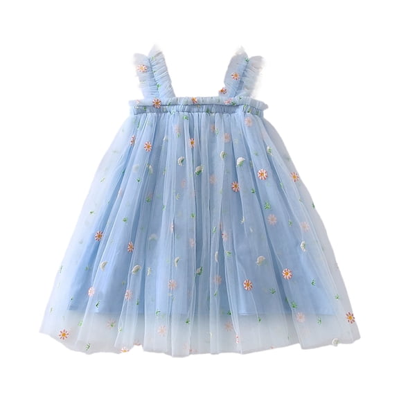 SonxaHe Toddler Girls' Dresses Floral Embroidery Sleeveless Tulle Dress Child Summer Stylish Cozy Party Dresses Blue,Size 2-3 Y