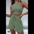 thumbnail image 4 of Conjuntos de Verano para Mujer, Conjunto Informal de 2 Piezas con Top Corto y Pantalones Cortos de Punto Gofre, Ropa de Dormir, Verde , Talla L, 4 of 8
