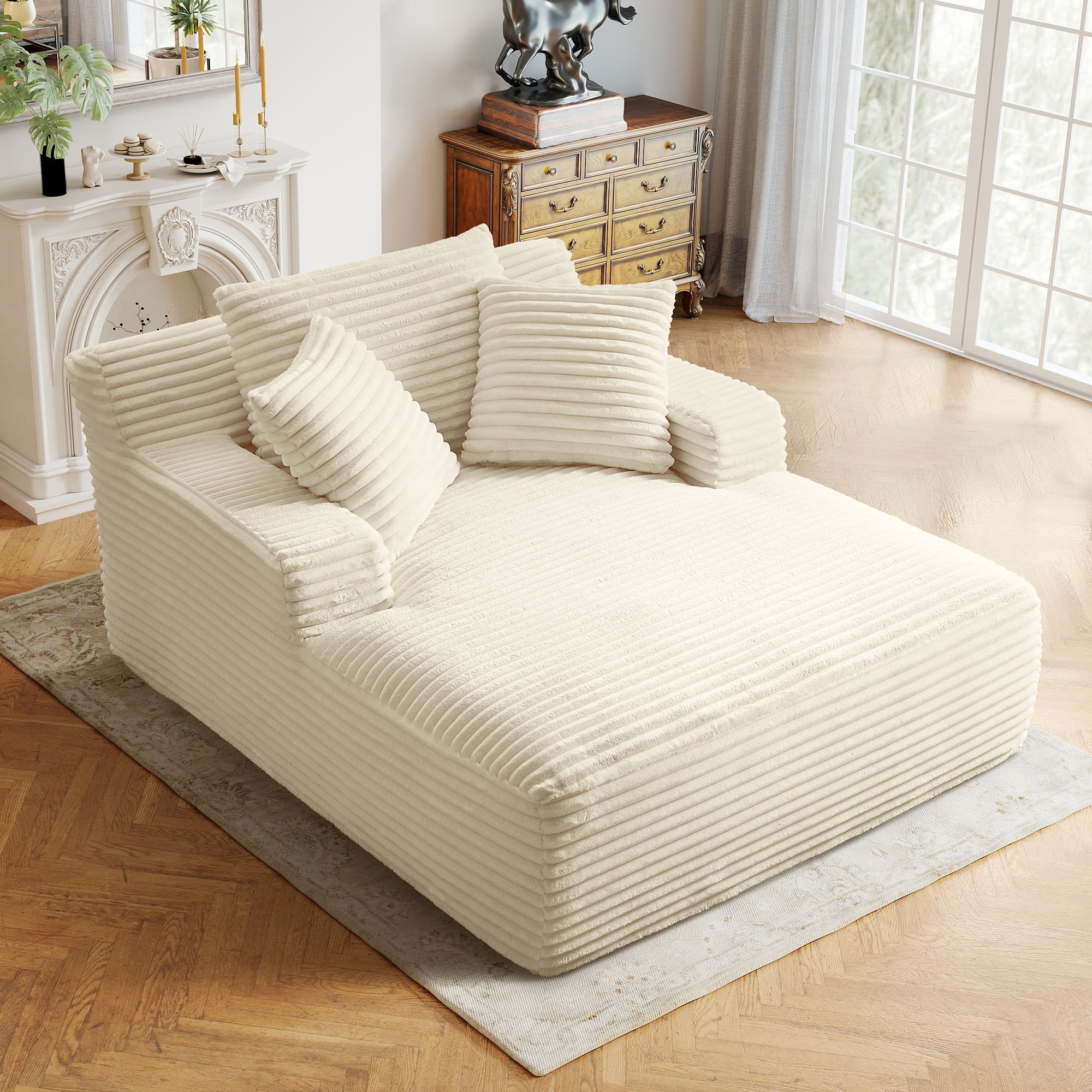 Aukfa Corduroy Chaise Lounge Chair, Oversized Indoor Lounger Floor Sofa Bed for Living Room, Bedroom, Small Space,White