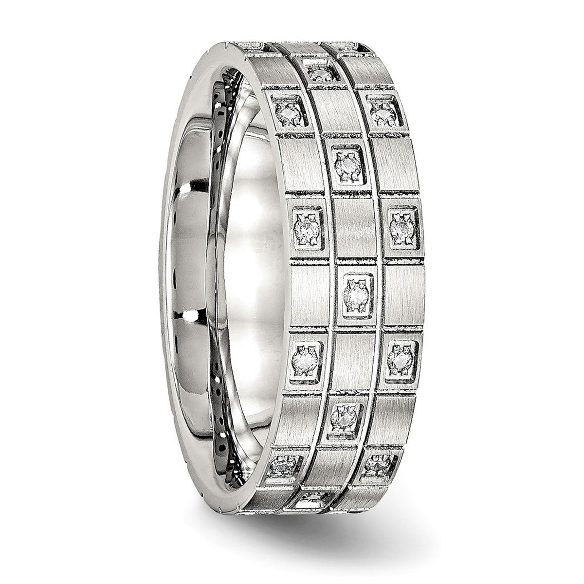 7mm Stainless Steel Brushed Grooved Cubic Zirconia Ring Size 9 Ring for Women