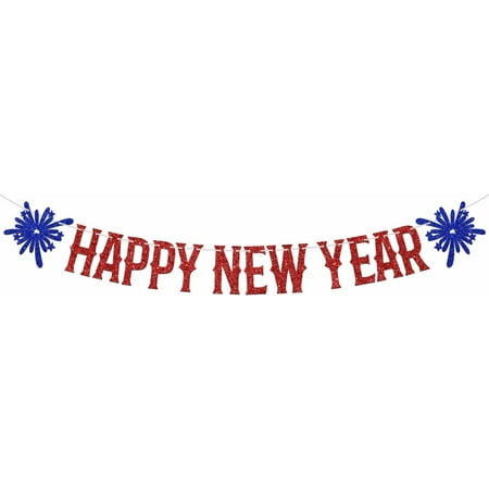 Happy New Year Banner - 2026 New Year's Eve Party Bunting Sign, Hello 2026, Cheers to 2026, Welcome 2026 Party Decorations Supplies, Blue and Red Glitter