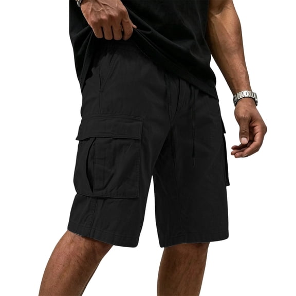 Dwellite Cargo Shorts for Men Elastic Waist Drawstring Stretchy Twill Cargo Shorts Below Knee Length Hiking Outdoor Clothes Black L