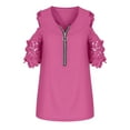 thumbnail image 5 of Scyoekwg Short Sleeve Womens Tops Solid Color V-Neck Zip Cold Shoulder Tops Casual Loose Fit Blouse Trendy Lightweight Tee Shirts Blouse Tops Hot Pink XXL(14), 5 of 7