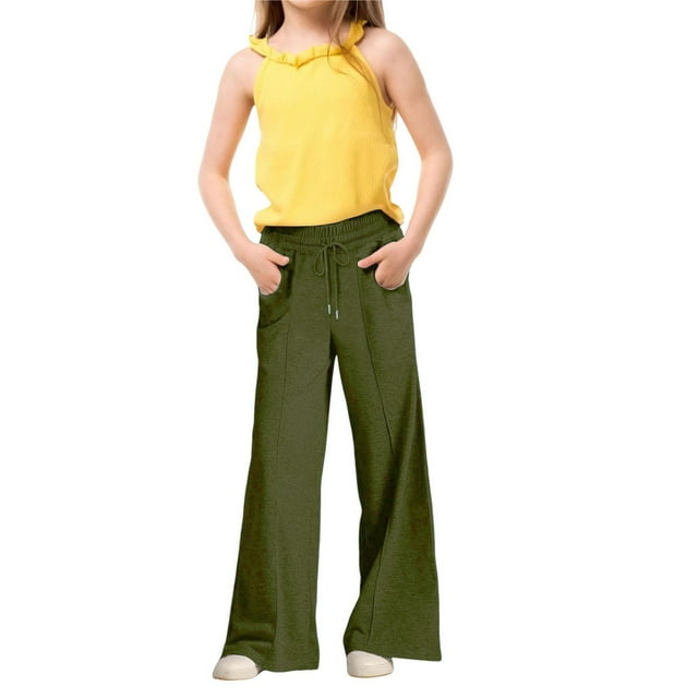 XIMIN Kid Girls Straight Leg Sweatpants Solid Color Oversized Wide Leg Sweatpants with Pocket Elastic Drawstring Low Waisted Baggy Lounge Pants