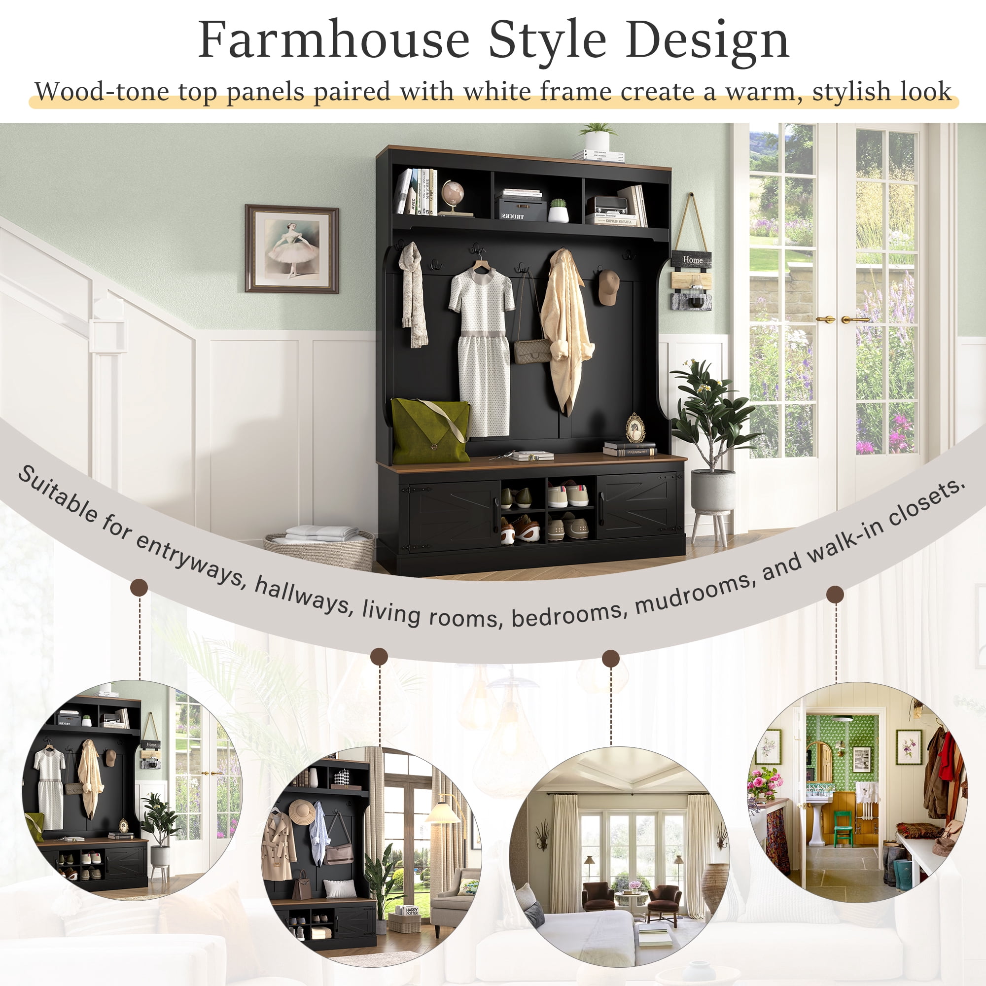 71''H Farmhouse Hall Tree with Shoe Storage Bench, 5-in-1 Entryway Storage Cabinet Organizer with Coat Rack for Hallway, Living Room