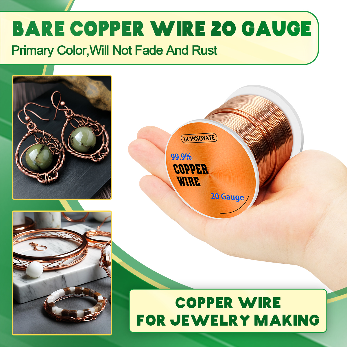 UCINNOVATE 20 Gauge Copper Wire, 20AWG 230FT Soft Pure Copper Wire for Jewelry Making, 0.8mm Diameter Craftwire Jewelry Wire