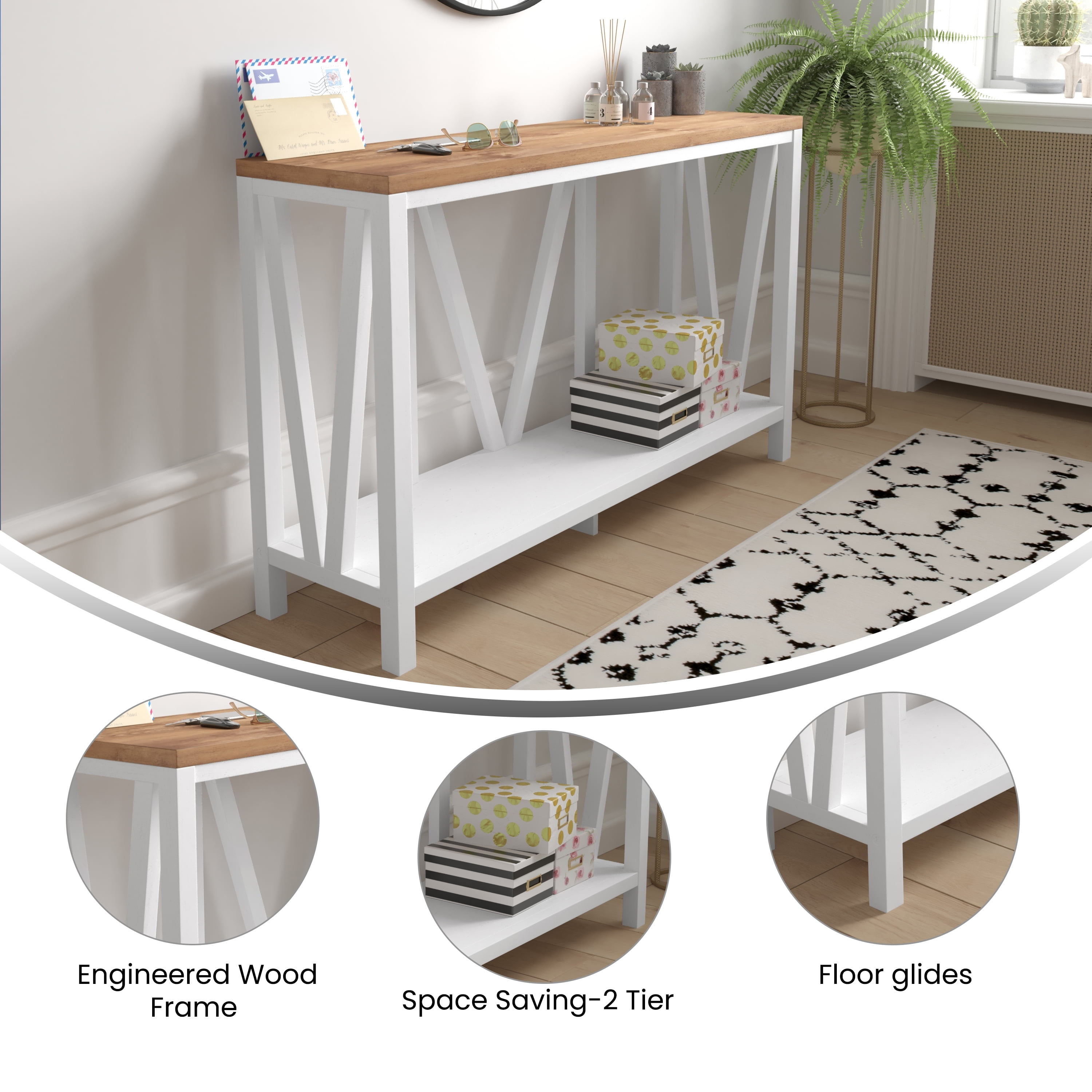Emma + Oliver Modern Farmhouse Entryway Console Accent Table in White with Rustic Oak Finished Wood Top