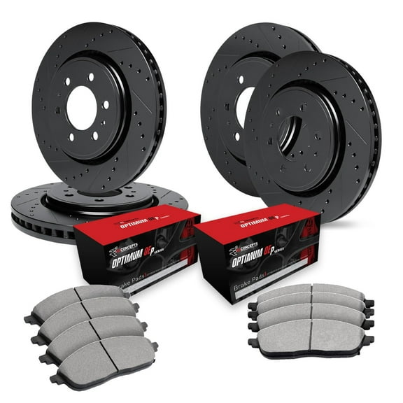 R1 Concepts Drilled and Slotted Black Disc Brake Rotor Set with Optimum Oe Pads WHUN2-48045