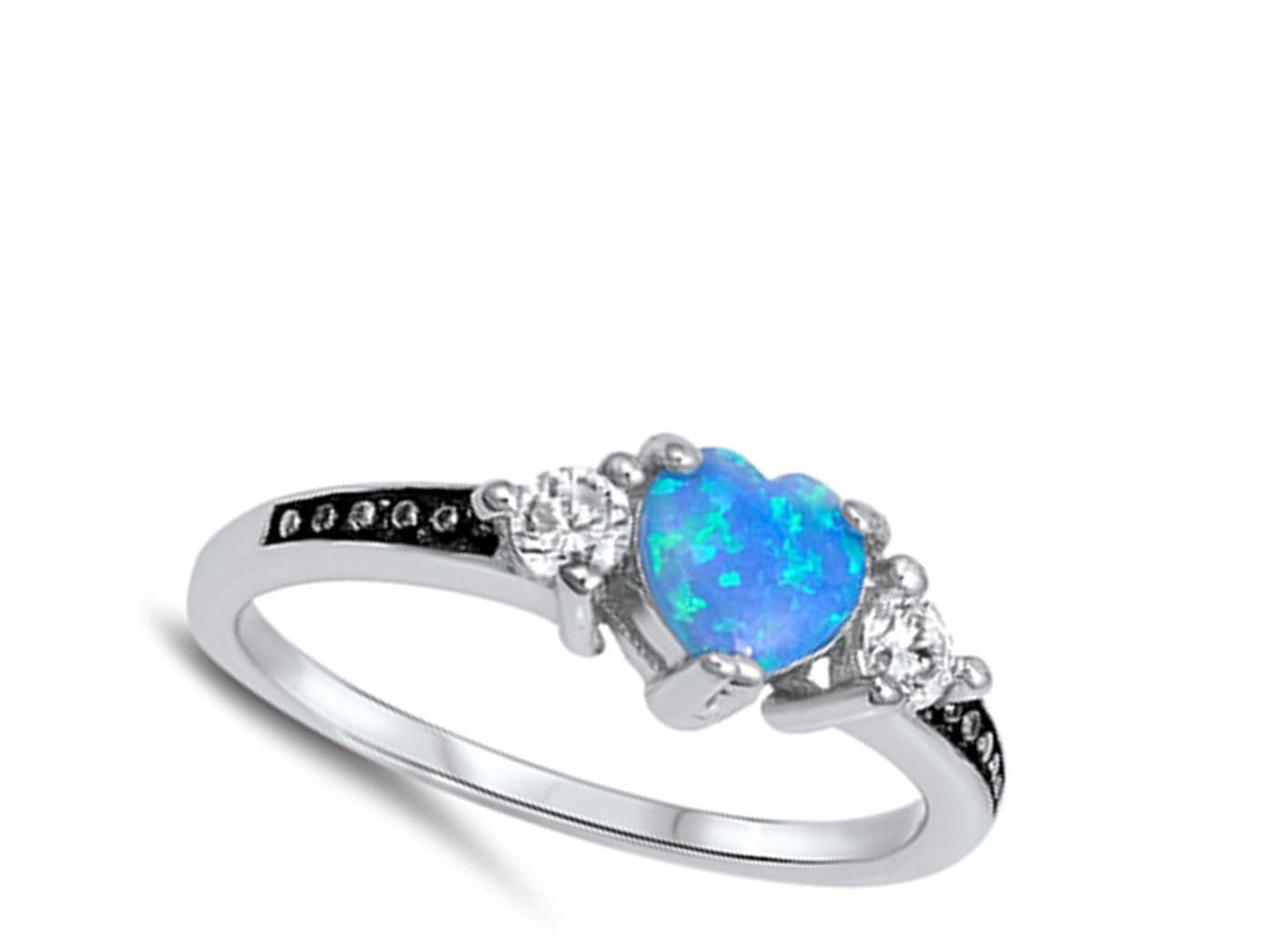 CHOOSE YOUR COLOR Blue Simulated Opal Heart White CZ Promise Ring .925 Sterling Silver Band Female Size 7