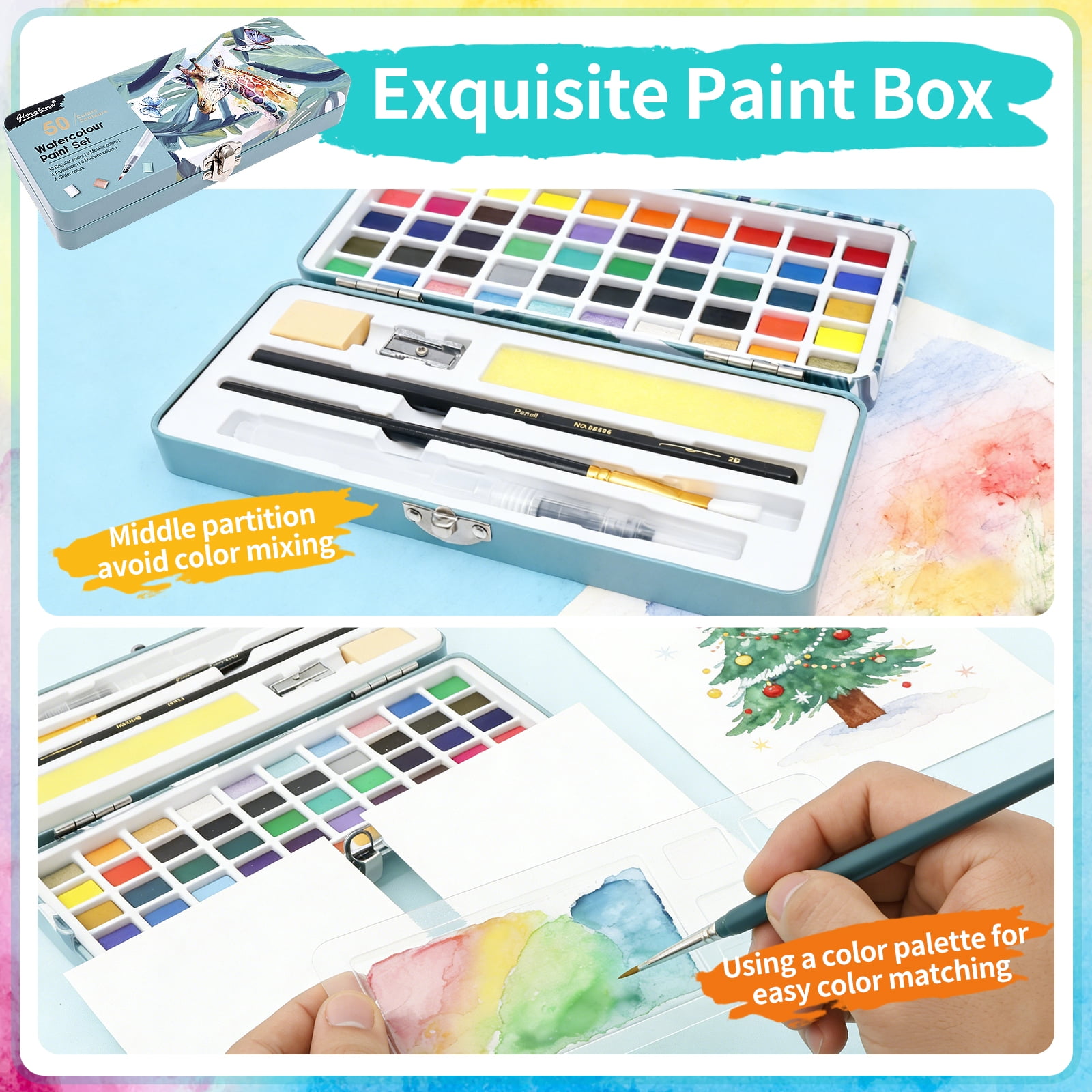 Threns Watercolor Paint Set,50 Colors Portable Paint Set,Travel Water Color Kit with Palette and Brush Pens for Adults,Professionals,Kids - Art and Painting Supplies