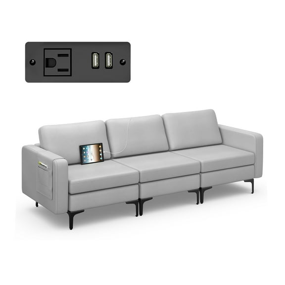 Costway Modular 3-Seat Sofa Couch with Socket USB Ports & Side Storage Pocket Light Grey