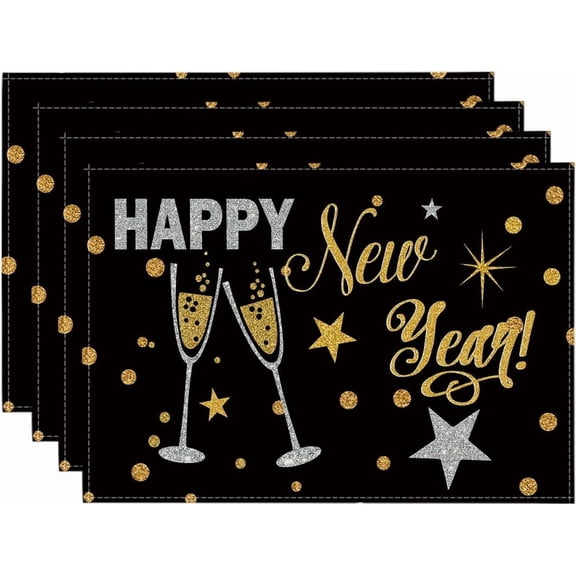 Cheers Black and Gold 2025 Happy New Year Placemats Set of 4, 12x18 Inch Xmas Winter Holiday Table Mats for Party Kitchen Dining Decoration