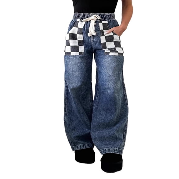 LYMAYTER Women's Casual Jeans Elastic Waist Wide Leg Pants Checkered Pockets Denim Pants for S-XL