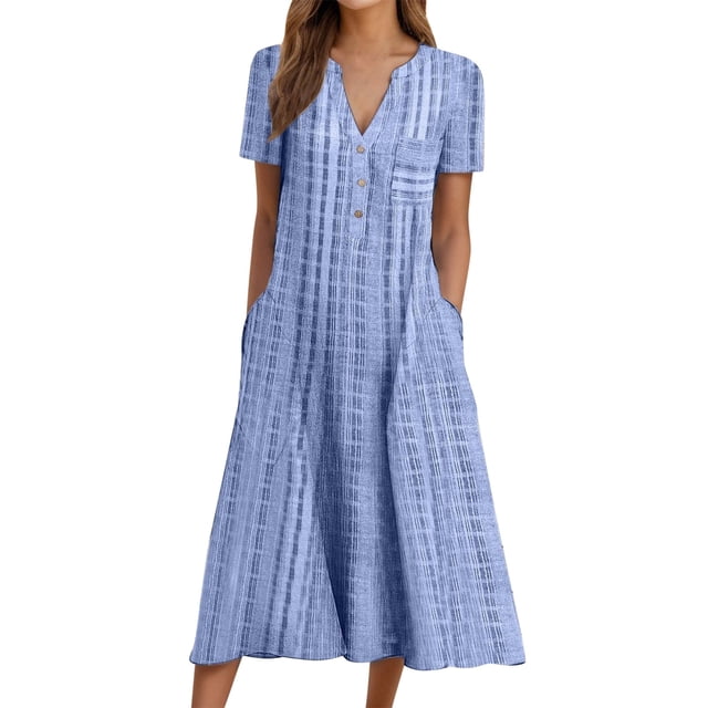 B91xZ Plus Size Robes pour Femmes Casual en Vrac Manches Courtes Robe Longue Split Maxi Robe d'Été d'Hiver avec Poches, Bleu XXL