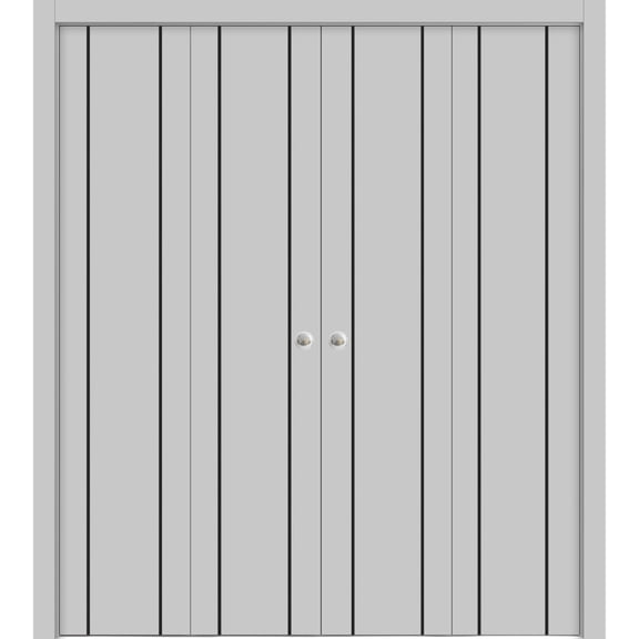 Sliding Closet Double Bi-fold Doors | Planum 0016 Grey Matte with Frosted Glass | Sturdy Tracks Moldings Trims Hardware Set | Wood Solid Bedroom Wardrobe Doors