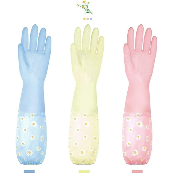 Dishwashing Cleaning Gloves 3 Pairs-Reusable Rubber Gloves Non-Slip Laundry Kitchen Gardening Household Gloves(Long Cuff)