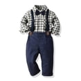 thumbnail image 2 of LEKWK Boys Gentleman 3 Piece Outfits Plaid Long Sleeve Button Down Shirt with Bowtie and Suspender Pants Toddler formal Party Dress Suit Fall Matching Sets, 2 of 7