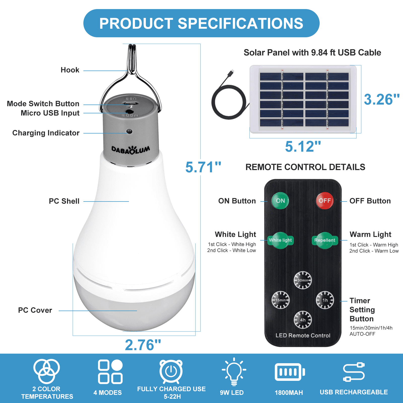 DABAOLUM 9W Solar Light Rechargeable Bulbs with Remote Timer, USB Rechargeable Emergency Light Bulb Chicken Coop Light 1800mAh 5 Lighting Modes-1pcs