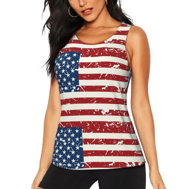 Fotbe Vintage American Flag Blusas Sin Mangas para Mujer – Estilo Casual, Corte Suelto, Slim-Fit, Cuello Redondo Deportivo, Tops de Verano para Gimnasio y Yoga-Medium