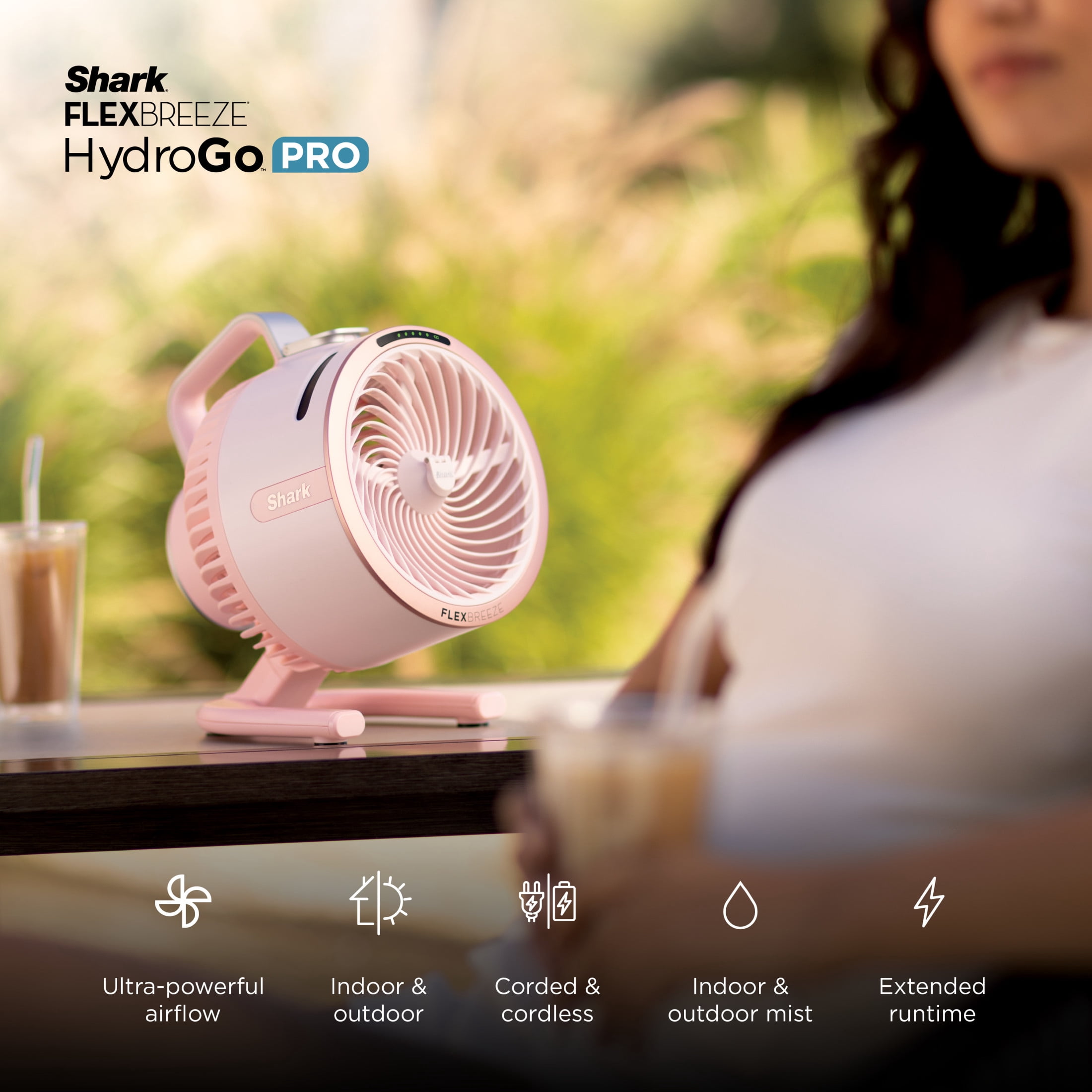 Shark FlexBreeze HydroGo Pro Fan, Powerful, Portable Fan, Indoor & Outdoor, Dry-Touch Evaporative Mist, Corded & cordless, 5 Speeds, FA056PK Peony