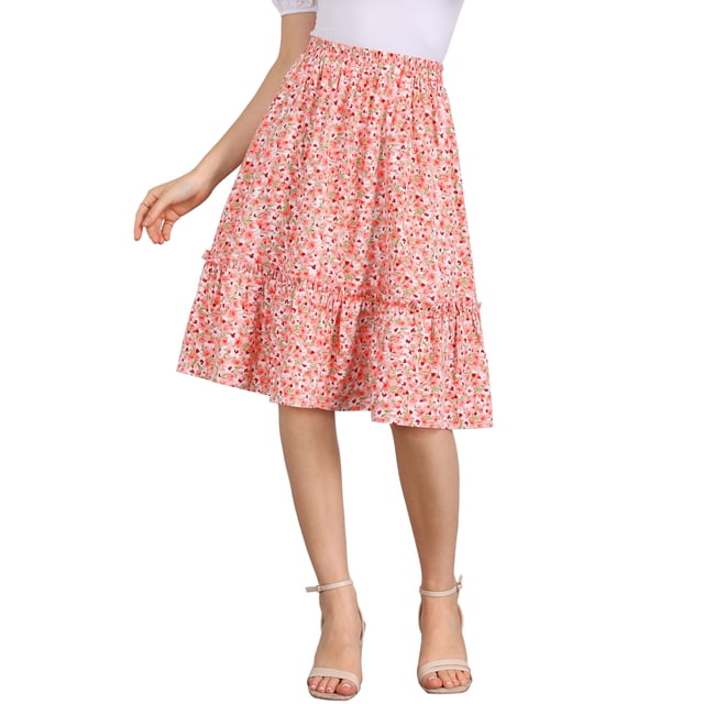 Falda midi floral con volantes y cintura elástica A-Line para mujeres INSPIRE CHIC, color rosa claro, talla XS