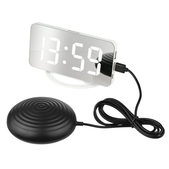 Vibrating Digital Mirror with Large Clear Screen Adjustable Brightness Dual USB Ports Snooze Mode for Heavy Sleepers