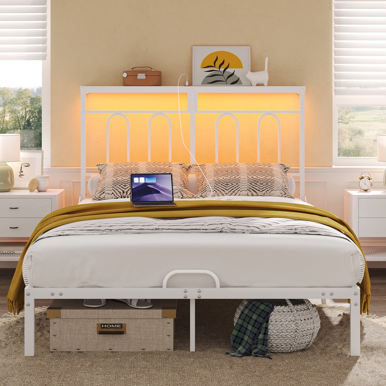 Pinmoco Queen Size Bed Frame with 49.2" High LED Storage Headboard Shelf, Metal Platform Bed with Charging Station, White