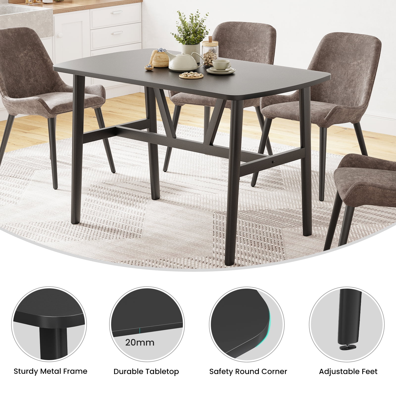 47.2 Inch Black Rectangular Dining Table for 4-6 People, Modern Wood Kitchen Dinner Table, Sturdy Trapezoidal Metal Frame, Safe Rounded Corner Design for Dining Room, Kitchen and Restaurant