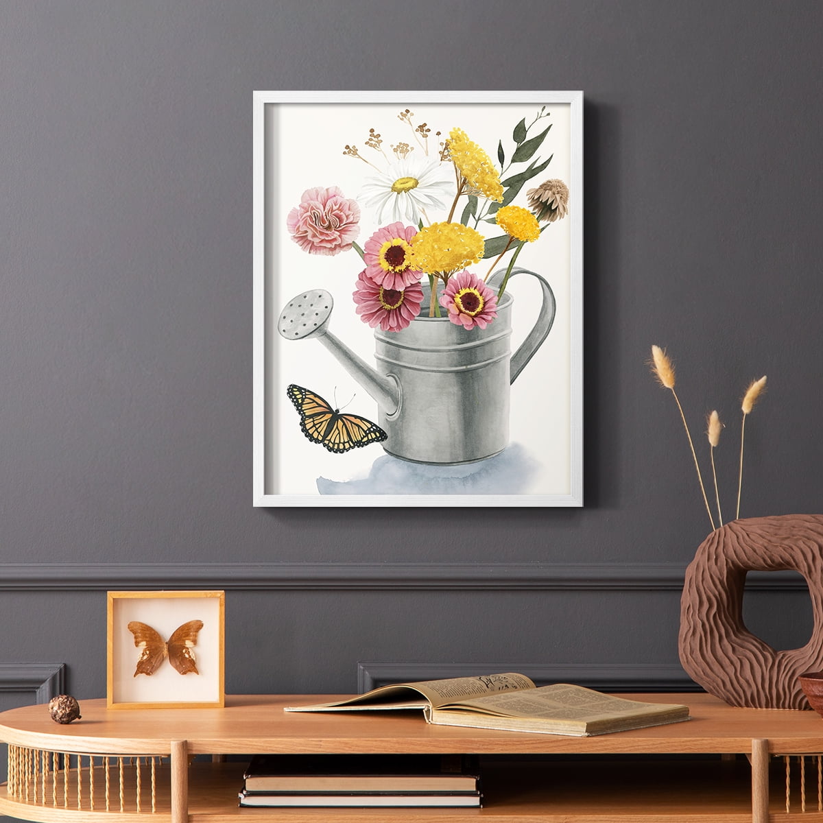 Watering Can Bouquet I Framed Print in White Solid Wood 11 x 14 Framed Print