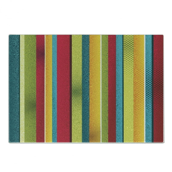 Vintage Rainbow Cutting Board, Ragged Aged Vertical Stripes with Retro Halftone Effects Dirty Grained Look, Decorative Tempered Glass Cutting and Serving Board, Small Size, Multicolor, by Ambesonne