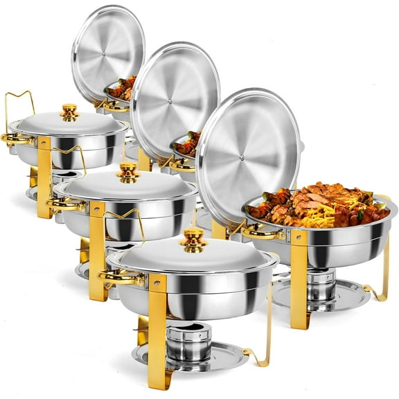 ROVSUN 6 Packs Gold Chafing Dishes for Buffet, 5QT Round Chafing Dish Buffet Set, Stainless Steel Chafers and Buffet Warmers Sets for Parties Weddings Catering