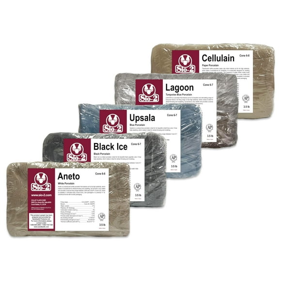 SIO-2 Porcelain Ceramic Pottery Clay Assortment, 17.5 lb | Aneto, Black Ice, Upsala, Lagoon, Cellulain | High Fire Kiln-Fired Clays for Wheel-Throwing, Hand Building, Modelling - Ready-to-Use