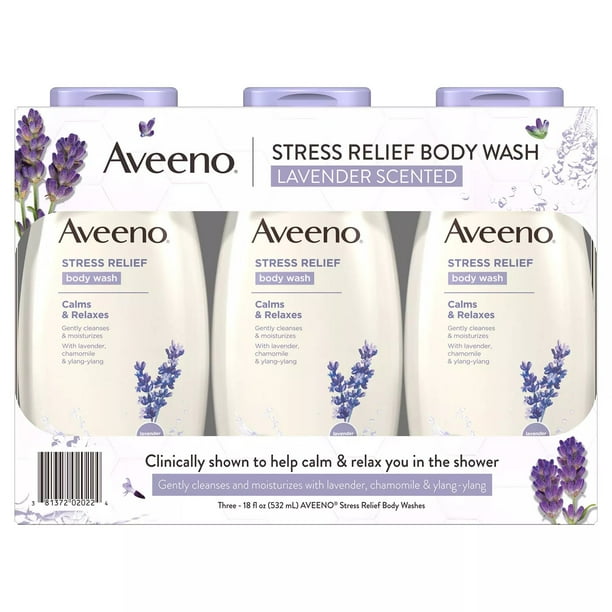 Aveeno Stress Relief Body Wash with Lavender & Chamomile, 18 Ounce (Pack of 3)