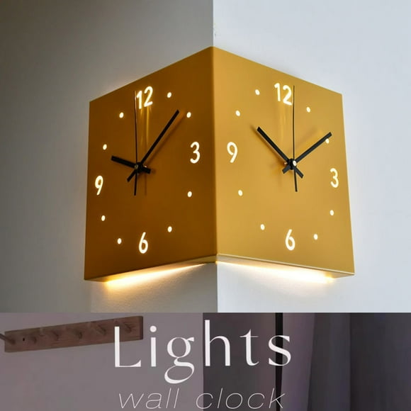 WIFKLSIIPG Corner Wall Clocks for Living Room Double Wall Clock with Light Square Digital Sensor Luminous Clock with Numeral Scale Battery Operated Silent Wall Clock for Bedroom