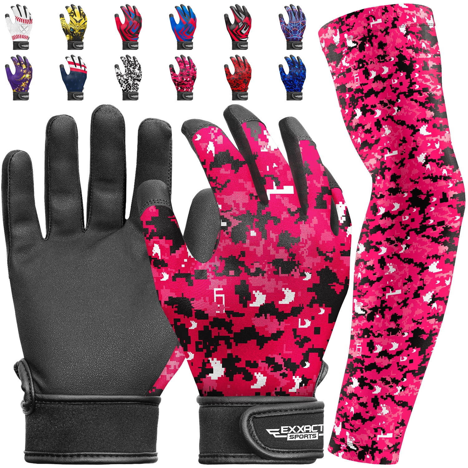 Exxact Sports Youth Batting Gloves with Arm Sleeve for Boys & Girls, Kids Baseball Batting Gloves for Softball, T-Ball (Youth S/M, Pink Camo)