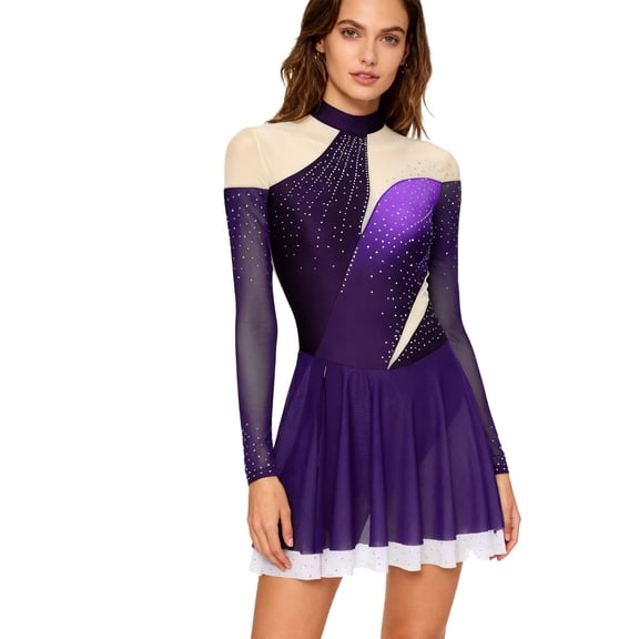 inlzdz Women Long Sleeve Gradient Figure Skating Dress Sparkling Competition Performance Outfit Purple L