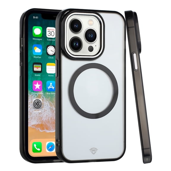 Designed for Apple iPhone 14 Pro Max Transparent Hybrid Circle Ring Magnetic Compatible with MagSafe Color Frame Metal Buttons Phone Case Cover [Black]