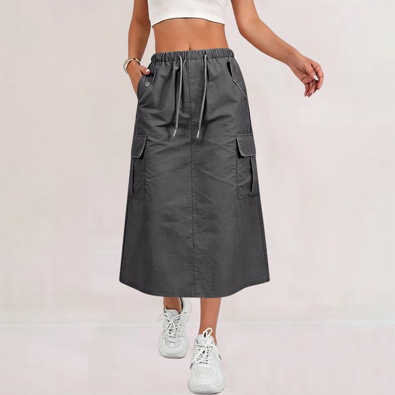 Women's Drawstring Waist Cargo Midi Skirt, Casual Solid Color Long Skirt with Pockets, Relaxed Fit Utility Skirt for Daily Outdoor Work Wear 06-Dark Gray M