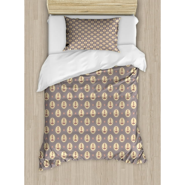 Anchor Duvet Cover Set Twin Size, Maritime Pattern with Circles Stars Boating Sailing Themed Illustration, Decorative 2 Piece Bedding Set with 1 Pillow Sham, Mauve Sand Brown Coral, by Ambesonne