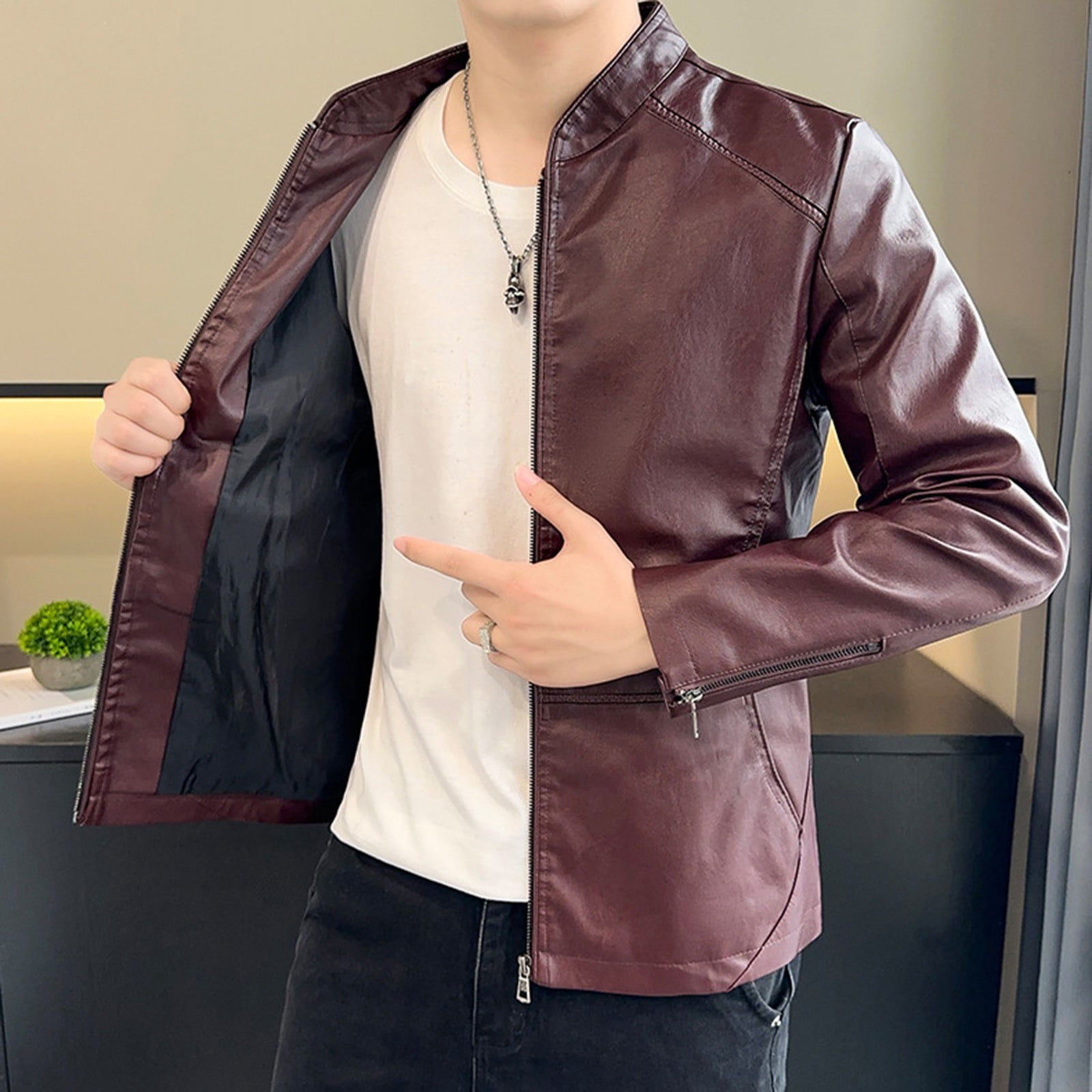 Maoxin Men Leather Jacket Men's Stand Up Collar Business Casual Leather Jacket Zipper Cardigan Jacket Leather Jackets for Men Wine 3XL
