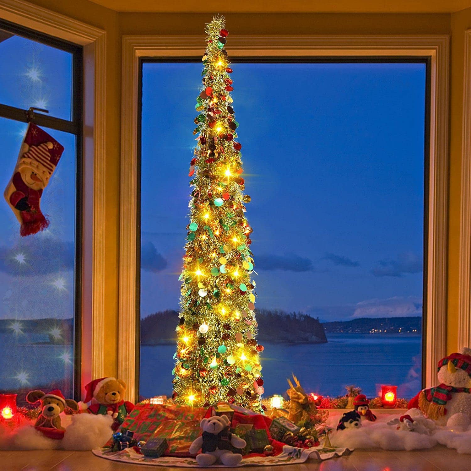 Pop Up Christmas Tinsel Tree with Lights 5Ft Collapsible Colorful Sequin Artificial Christmas