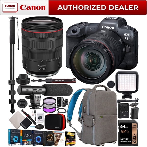 Canon EOS R5 Full Frame Mirrorless Camera Body with RF 24-105mm F4 L IS USM Zoom Lens 4147C013 Bundle with Deco Gear Backpack   Monopod   Microphone   LED   Software Kit| Official Canon USA Dealer