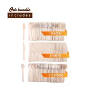 Disposable Wooden Cutlery Utensils Set ‚(Pack of 275) 110 Forks 55 Knives 110 Spoons, 5.5-inch Set Eco-Friendly Compostable Silverware Kit Biodegradable Party Supplies Events