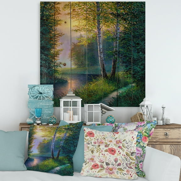 Designart 'Sunrise Glow Through The Birch Forest' Lake House Print on Natural Pine Wood