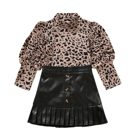 

JDEFEG Outfits for Girls Size 6 Toddler Kids Baby Girls Long Bubble Sleeve Ribbed Leopard Print Tops Solid Pu Leather Skirt 2Pcs Outfits Set Long Sleeve Crop Top Kid Black 90