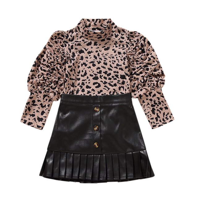 Felwors Toddler Kids Infant Baby Girls Long Bubble Sleeve Ribbed Leopard Print Tops Solid PU Leather Skirt 2PCS Outfits Set