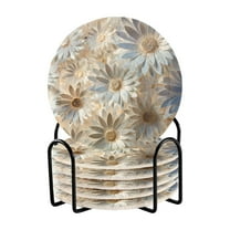 6 Pcs Flowers Daisy Drink Coasters with Holder Absorbent Coaster Sets Cup Heat-Resistant Hot Pads Mats for Bar Table Protection