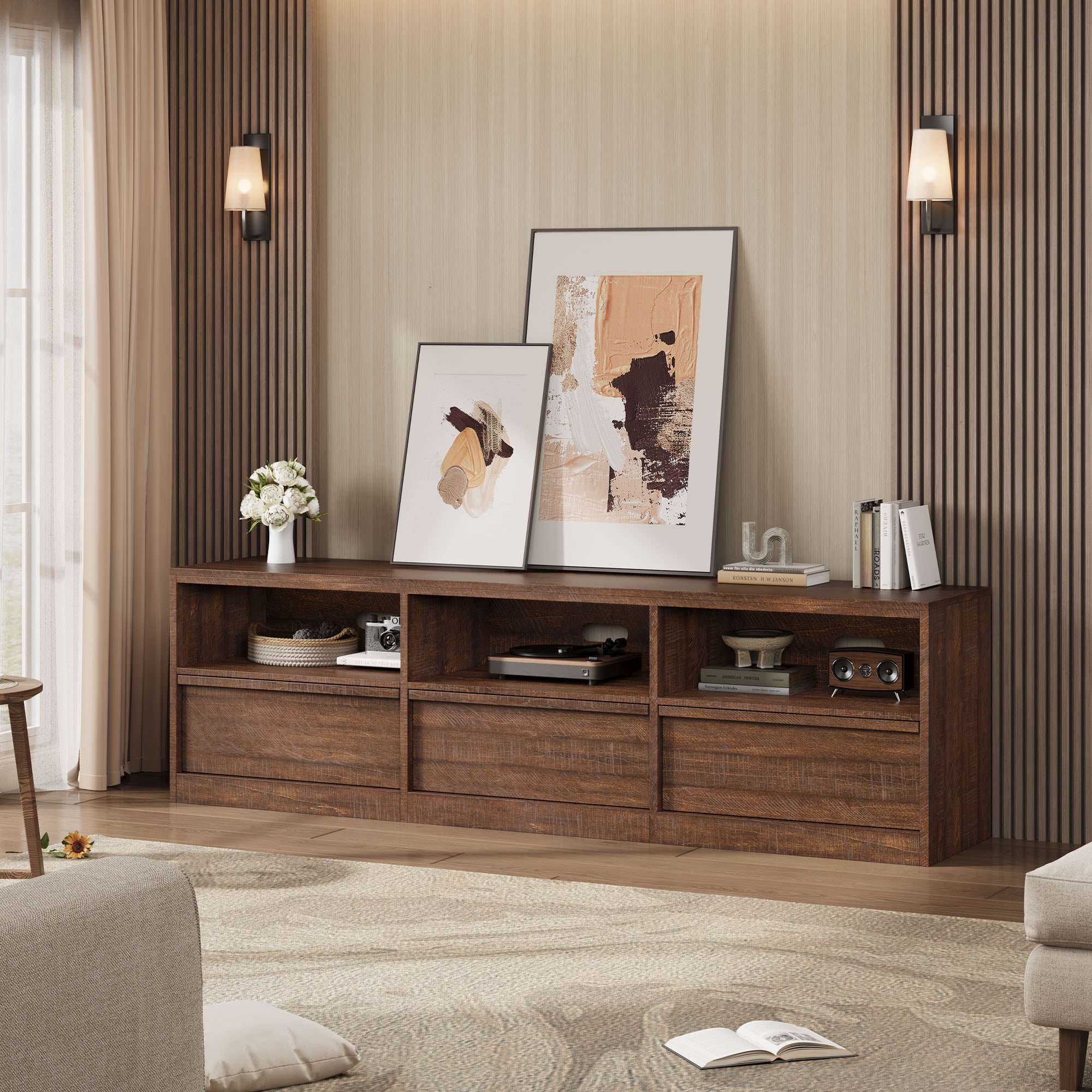 Gaderth  Mid Century Modern TV Stand, Sturdy MDF Media Console, Industrial Entertainment Center with 3 Drawers & Open Shelves for Living Room & Bedroom, Fits 65-80" TVs