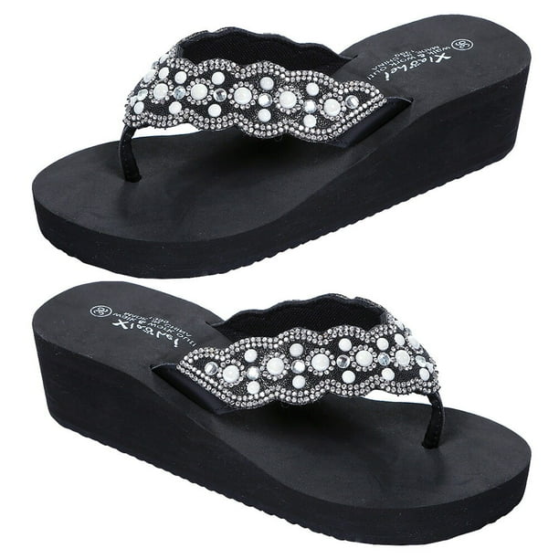 par de zapatos de playa antideslizantes con suela antideslizante y diseño de diamantes de perla para mujer (negro, talla 39, 24,5 cm, 7,5 EE. UU., 5 UK, 38,5 UE, 9,6285 pulgadas)